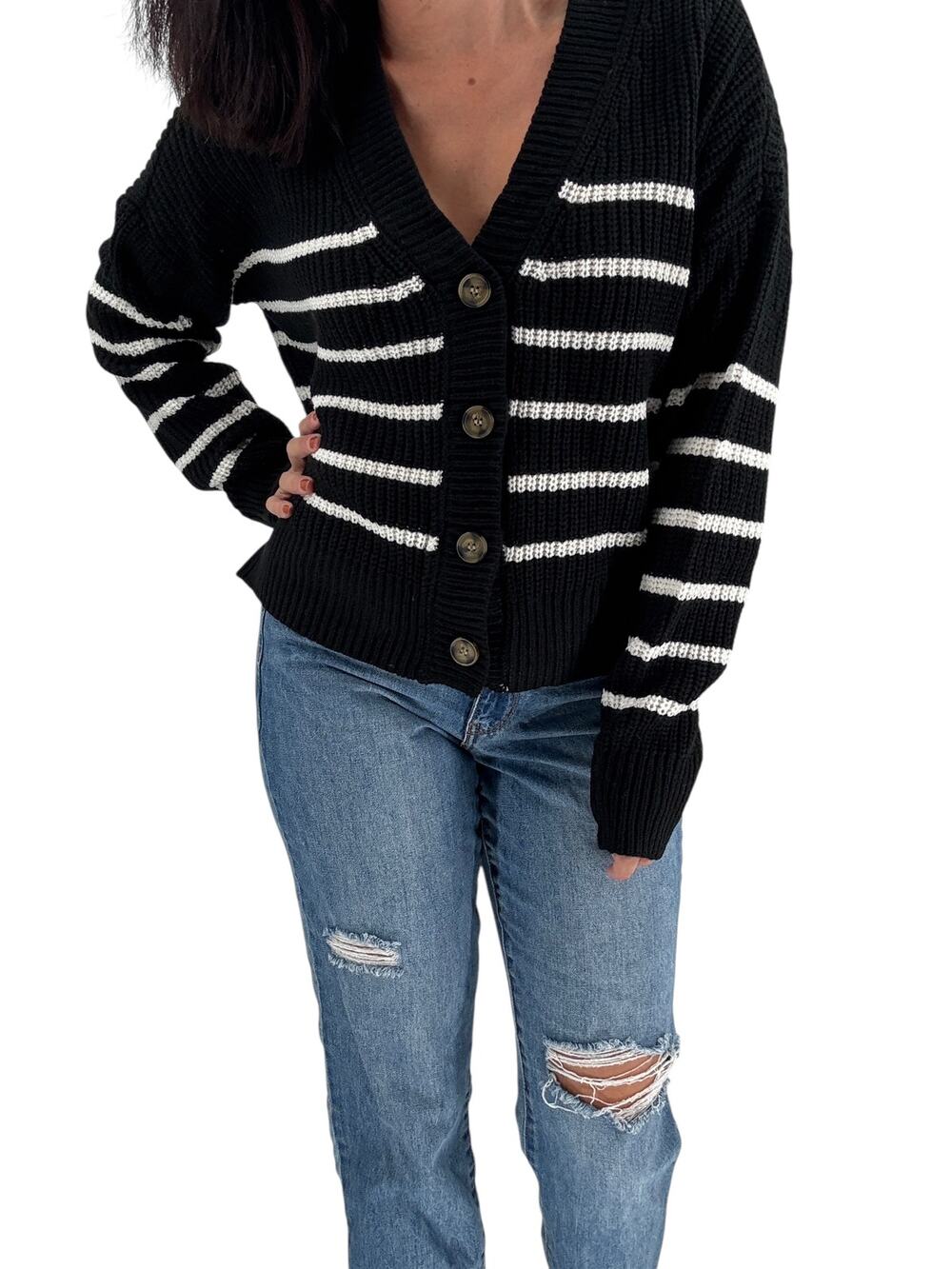 SANCTUARY Sweater Size XL Kelly Stripe Cardigan Black White NEW Classic